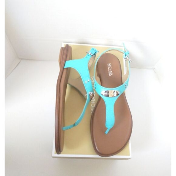 New! MICHAEL KORS Women's MK Logo Plate Thong Leather Sandals Shoes Ocean Blue - Picture 6 of 8